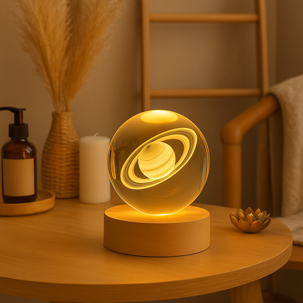 Sphère en verre représentant Saturne et ses anneaux, éclairée par un socle en bois, posée sur une table avec des éléments décoratifs naturels et une bougie, dans une ambiance chaleureuse et relaxante.