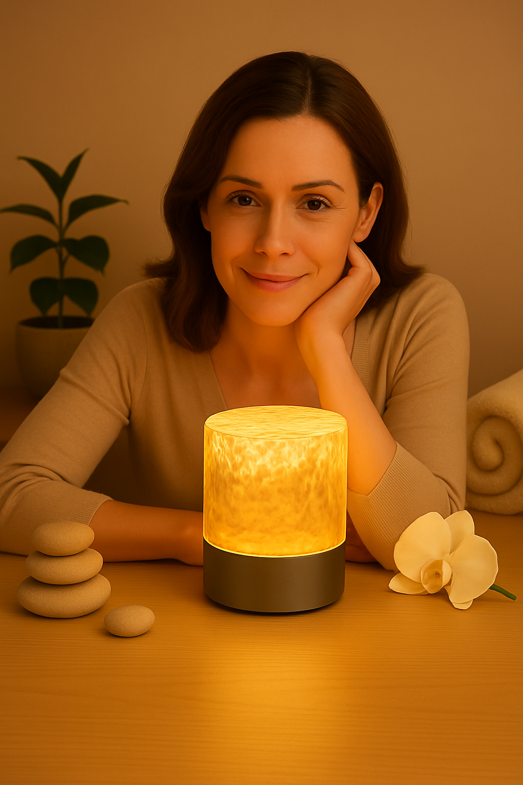 Femme assise à une table, éclairée par une lampe texturée diffusant une lumière dorée, entourée de galets, d’une orchidée et d’une serviette roulée, idéale pour des instants calmes et confortables