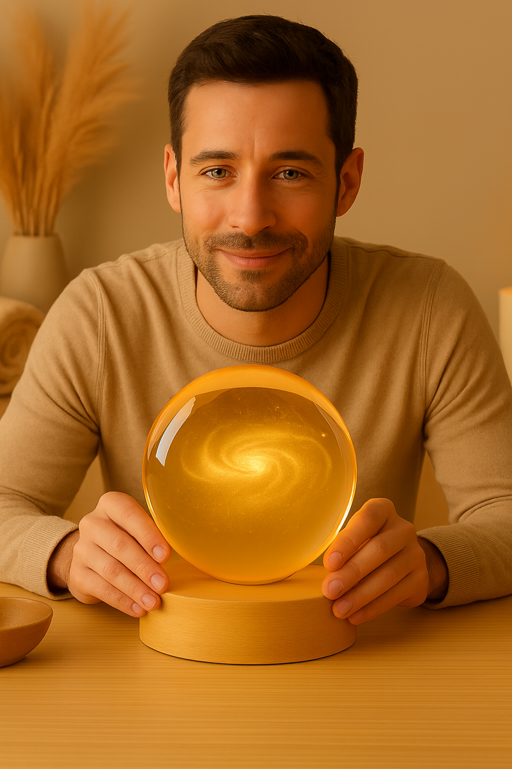 Homme assis à une table tenant un globe lumineux représentant une galaxie, éclairé par un socle en bois, dans un décor minimaliste et chaleureux, idéal pour des instants calmes et inspirants.