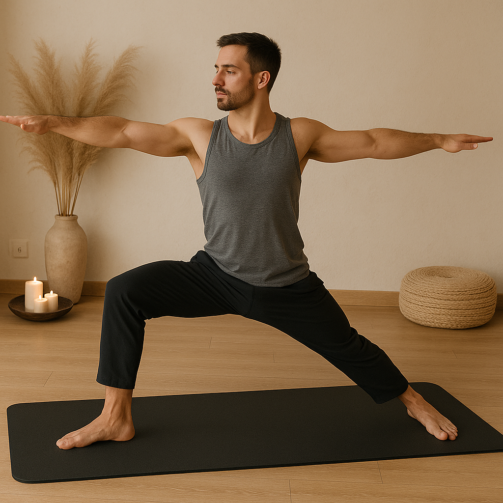 Homme effectuant la posture du guerrier II sur un tapis de yoga noir dans un intérieur zen