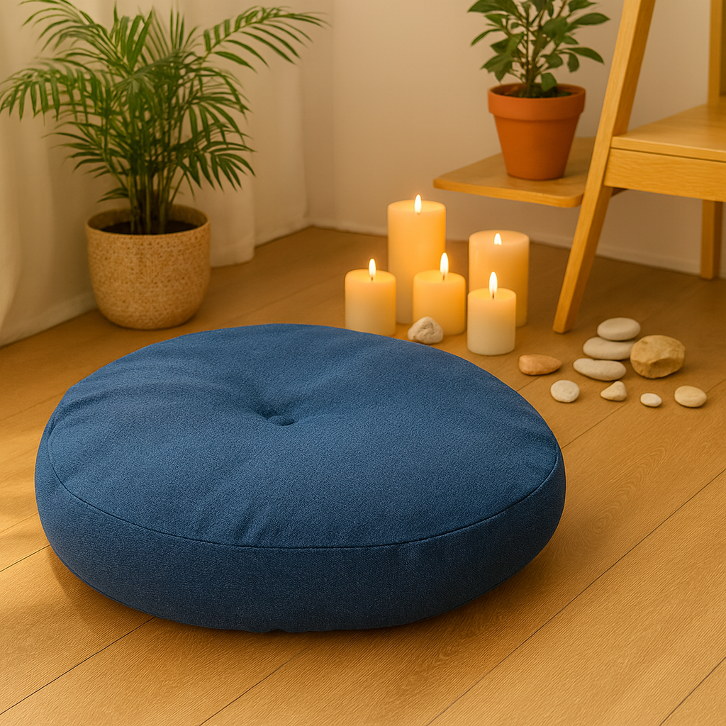 Coussin de méditation bleu ardoise dans un décor apaisant avec bougies, galets et plantes vertes, atmosphère zen
