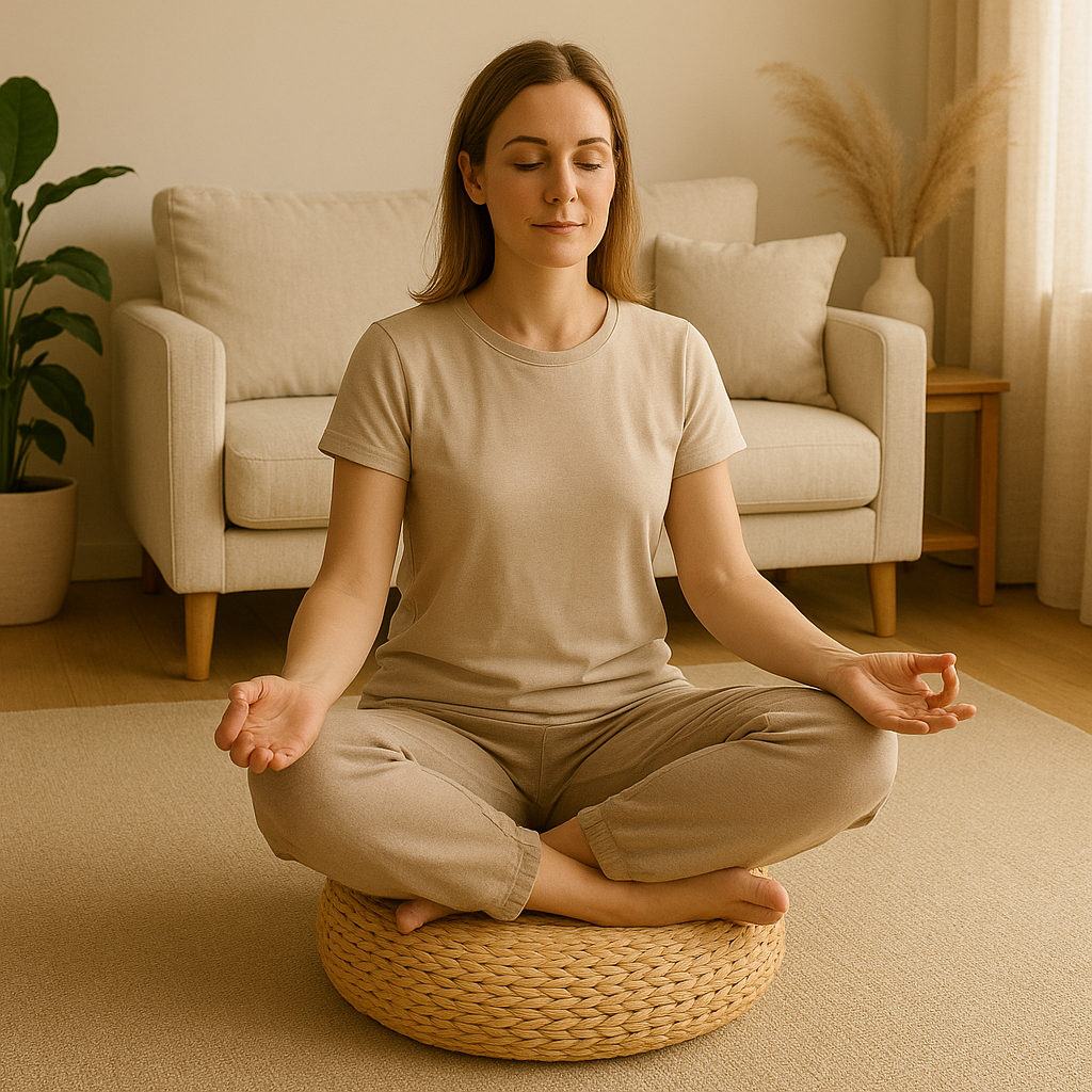 une femme assise sur un coussin de meditation, elle est dans un salon avec un canapé derrière elle