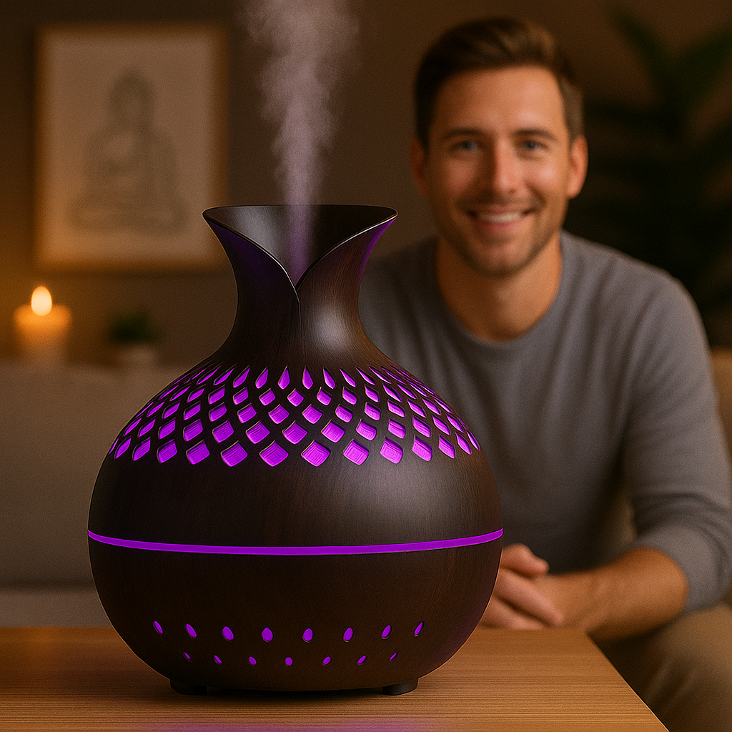 Diffuseur d’huiles essentielles en bois foncé avec éclairage violet, utilisé dans un intérieur chaleureux, un homme détendu en arrière-plan.