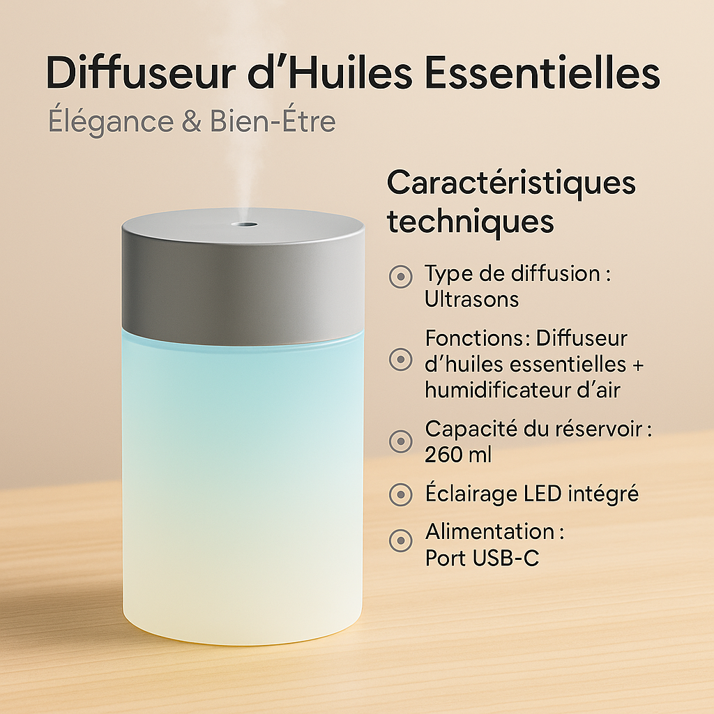 Diffuseur d’huiles essentielles cylindrique gris et bleu avec éclairage LED, accompagné des caractéristiques techniques à droite