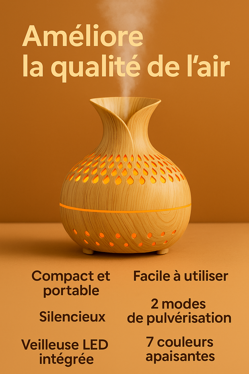 Diffuseur d’huiles essentielles en forme de vase, bois clair avec lumière LED orange, fond monochrome assorti et texte descriptif en bas
