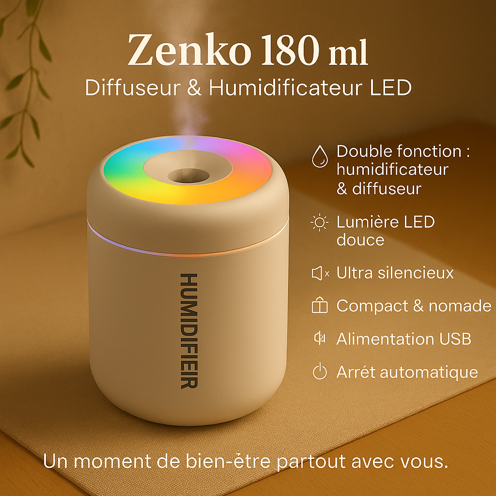 Diffuseur et humidificateur Zenko 180 ml avec LED arc-en-ciel sur le dessus, design compact en blanc crème, posé sur une surface en bois avec fond chaleureux