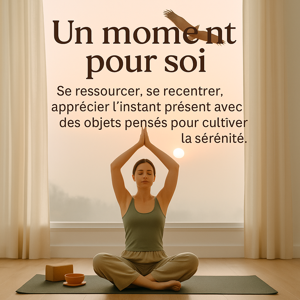 Femme assise en position de méditation sur un tapis dans une pièce lumineuse, au lever du soleil, mains jointes au-dessus de la tête
