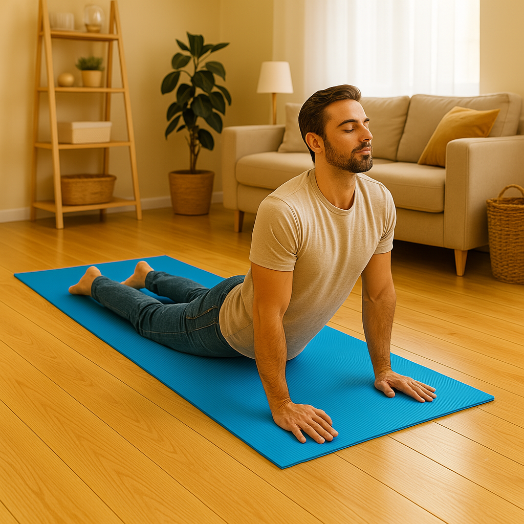 Homme pratiquant la posture du cobra sur un tapis de yoga bleu, dans un salon lumineux et chaleureux