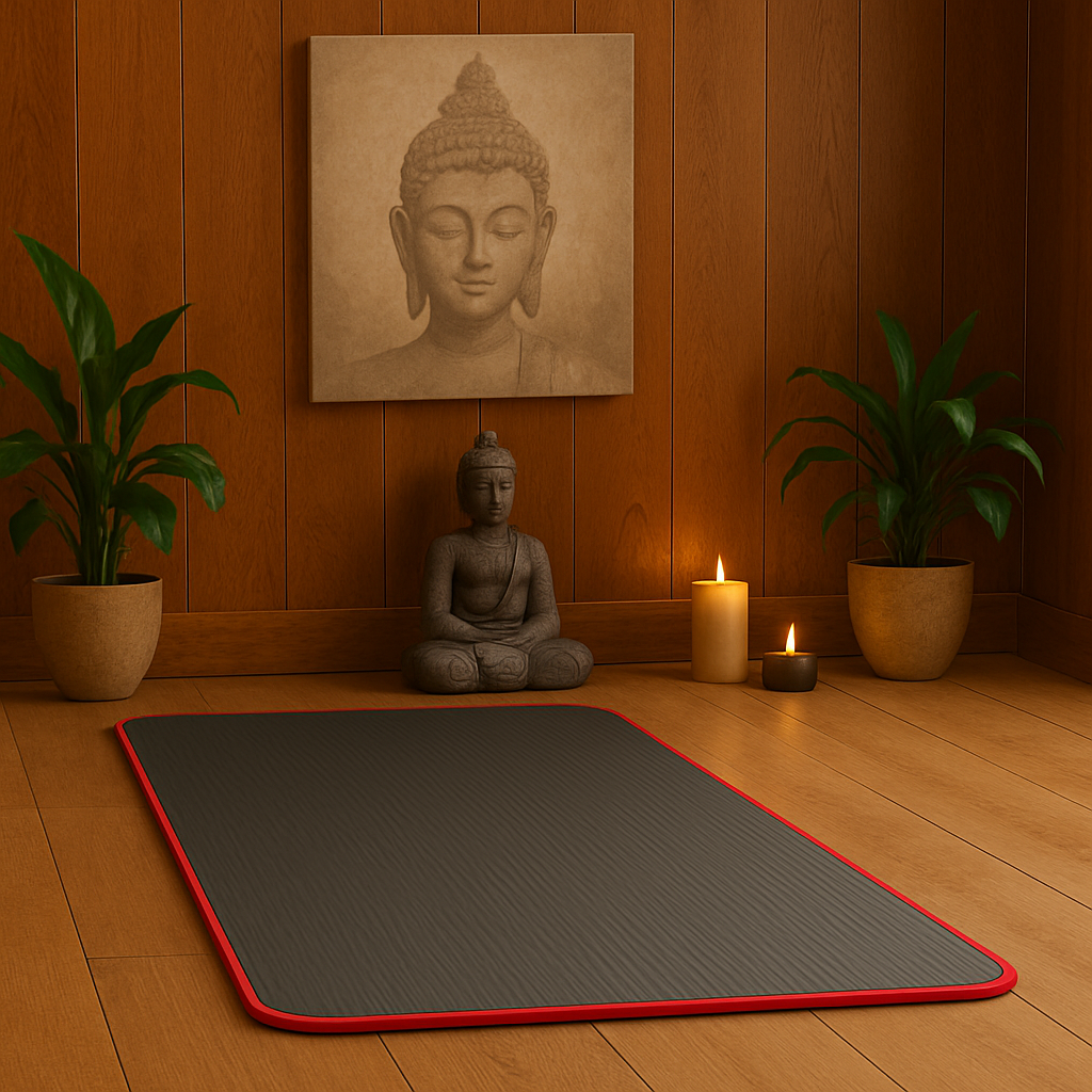 Tapis de yoga noir 10 mm à contours rouges, installé sur sol bois dans une pièce tamisée, idéal pour la pratique zen du yoga et du pilates