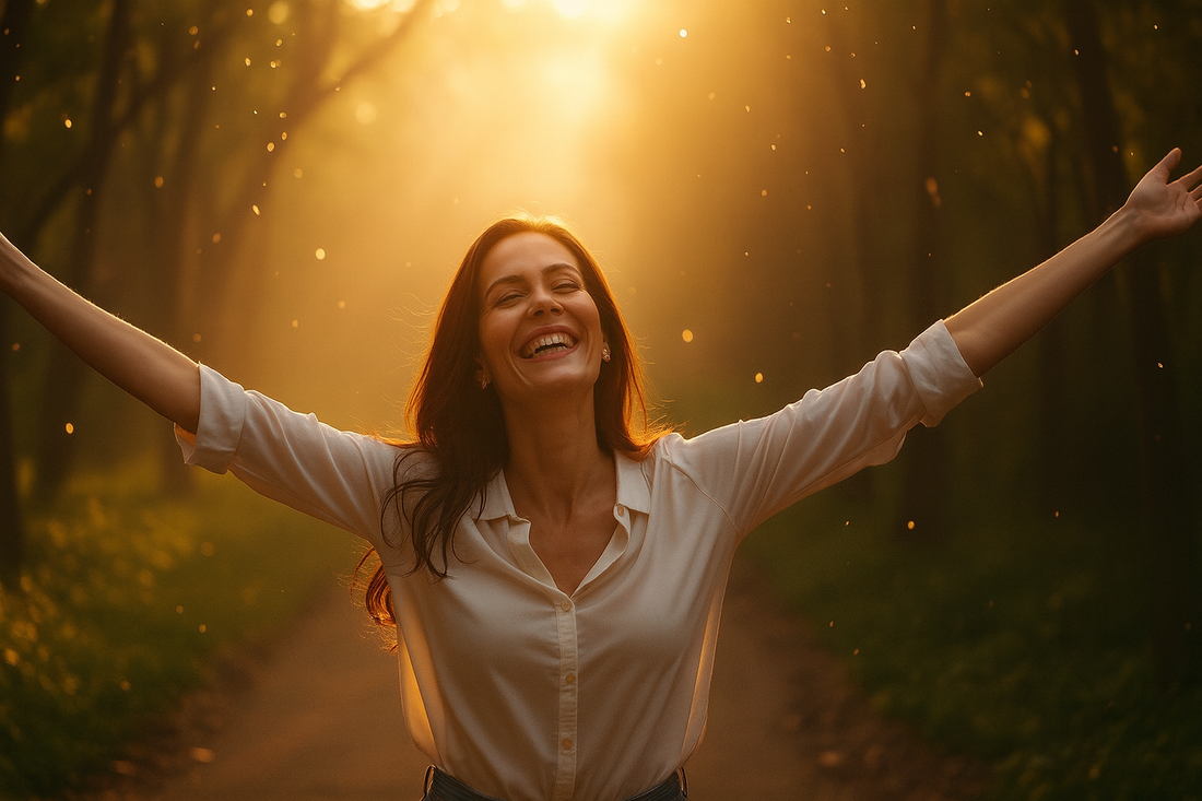 Femme souriante les bras ouverts dans un chemin forestier baigné de lumière dorée, évoquant la joie, la sérénité et la pleine conscience