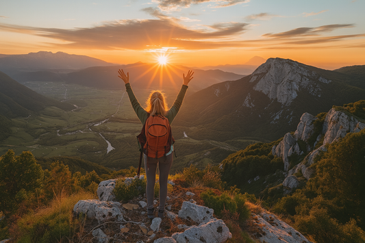 Une randonneuse vue de dos, les bras levés en signe de victoire, admire le lever du soleil depuis le sommet d’une montagne, entourée d’un paysage de vallées verdoyantes et de pics rocheux.