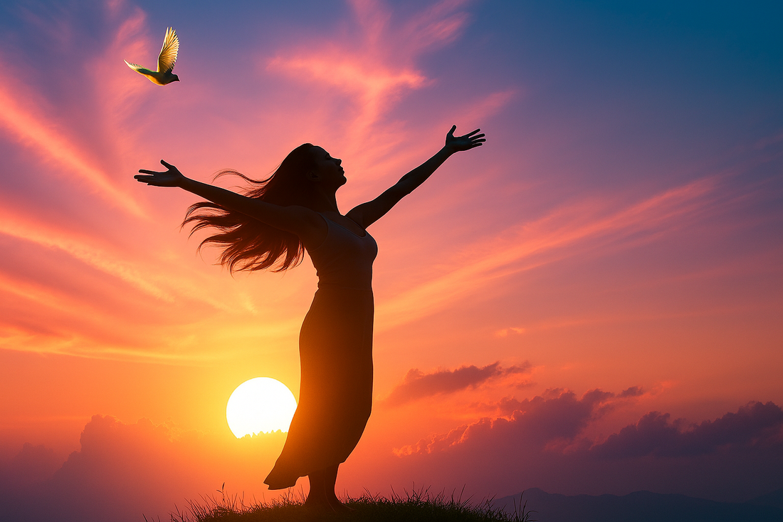 Femme de profil levant les bras face au coucher de soleil, cheveux au vent, avec un oiseau en vol dans un ciel aux couleurs vives, symbole de liberté, relaxation et bien-être.