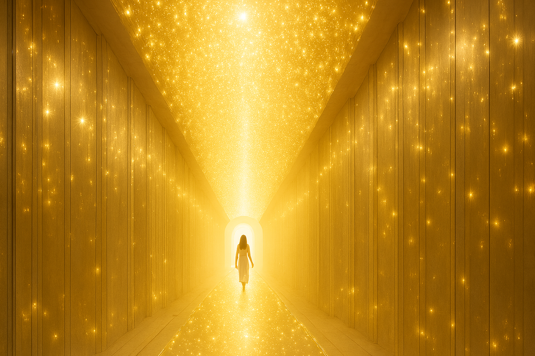 Personne marchant dans un couloir doré scintillant vers une lumière éclatante, évoquant la sérénité, le bien-être et la méditation intérieure.