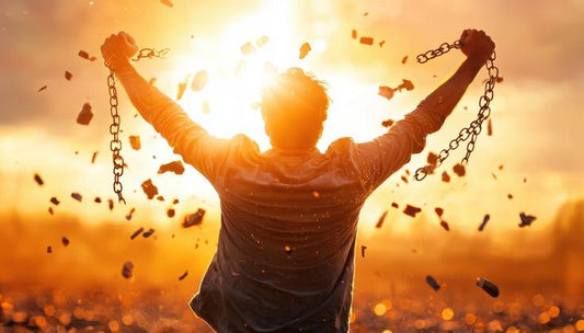 Une personne lève des chaînes brisées vers un coucher de soleil éclatant, des fragments volant autour, symbole de liberté.