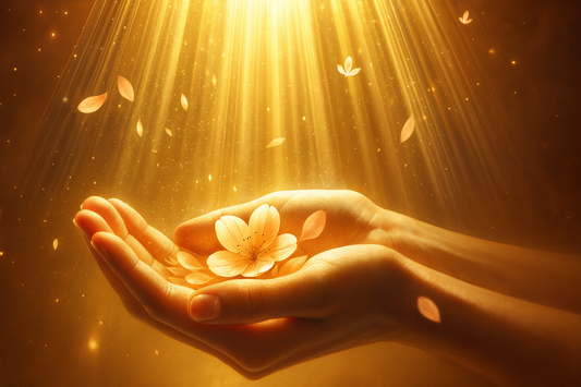 Deux mains ouvertes et délicates tiennent une fleur de cerisier lumineuse entourée de pétales flottants, le tout baigné dans une lumière dorée intense descendant en rayons