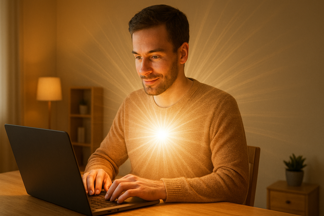 omme souriant, assis à une table en bois, travaillant sur un ordinateur portable dans une ambiance chaleureuse et apaisante, un halo lumineux émanant de sa poitrine évoque la sérénité intérieure et l’harmonie.