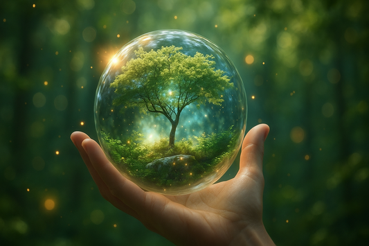 Main tenant une sphère transparente contenant un arbre illuminé au centre d’une végétation, sur fond de forêt floue avec des particules lumineuses suspendues dans l’air.