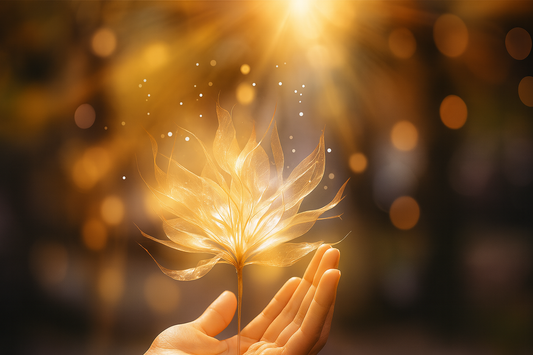 Mains ouvertes tenant une fleur translucide et lumineuse, éclairée par une lumière dorée avec un fond flou et chaleureux parsemé de points lumineux