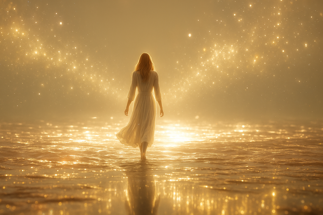 Femme en robe blanche marchant dans une mer dorée éclatante, entourée d’un halo de lumière et de particules scintillantes.