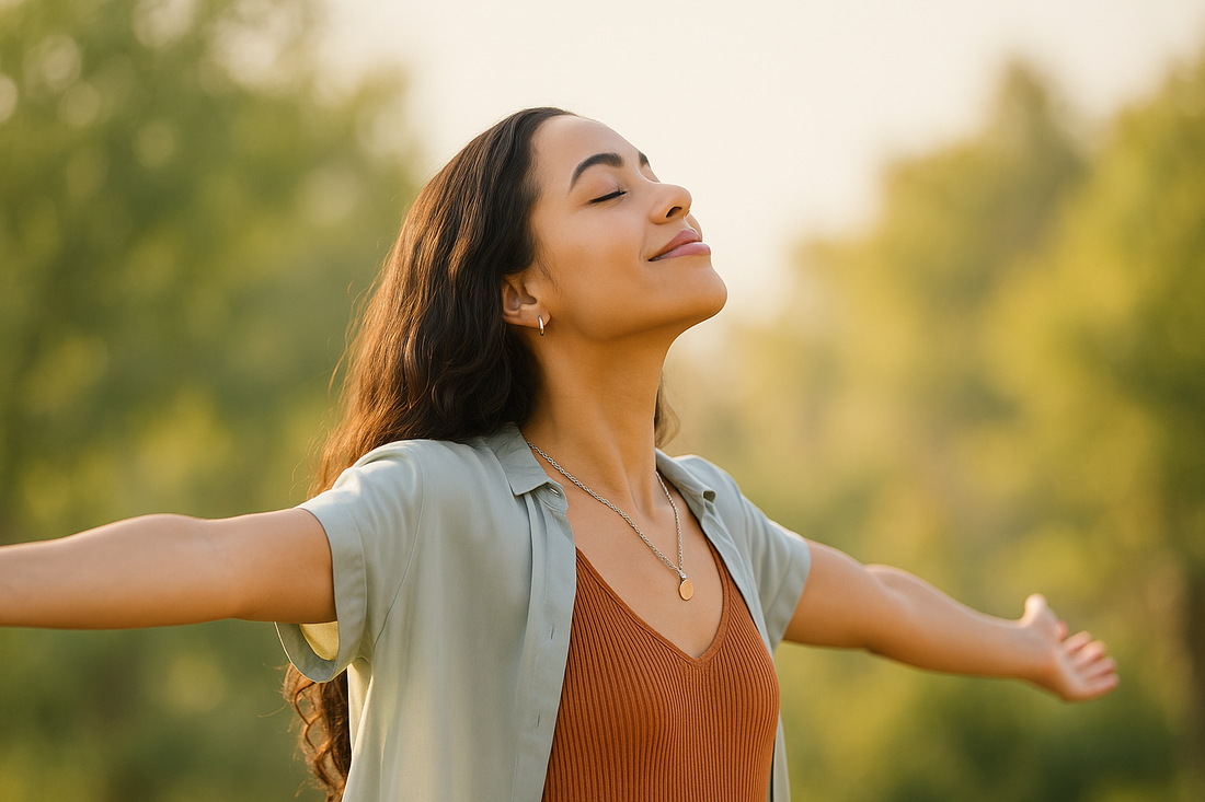 Une femme souriante, les bras ouverts, profite paisiblement de l’air extérieur dans un paysage verdoyant.