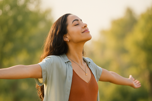 Une femme souriante, les bras ouverts, profite paisiblement de l’air extérieur dans un paysage verdoyant.