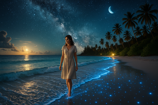 Femme en robe claire marchant pieds nus au bord d’une plage de nuit, sous un ciel étoilé avec la Voie lactée, une lune en croissant, et un rivage illuminé par des points de lumière bleus dans le sable.