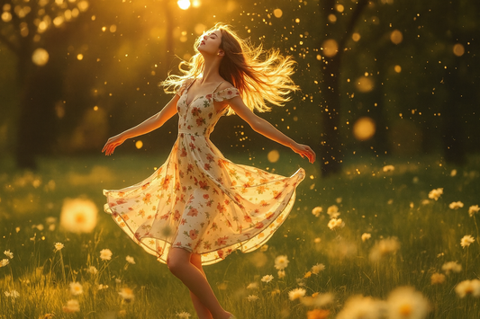 Jeune femme en robe fleurie tournoyant dans un champ de marguerites au coucher du soleil, les bras ouverts et les cheveux projetés en arrière, baignée par une lumière dorée et entourée de particules lumineuses.