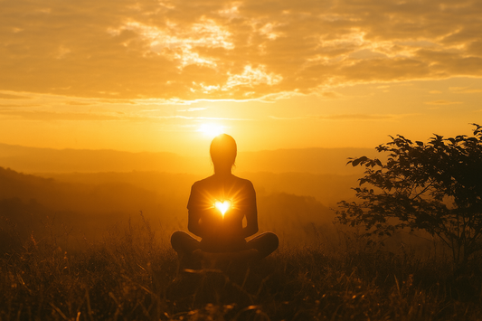 ilhouette d’une personne assise en tailleur dans l’herbe, au coucher du soleil. Le soleil se reflète parfaitement dans une forme de cœur lumineuse au niveau de sa poitrine, créant une atmosphère paisible et spirituelle.
