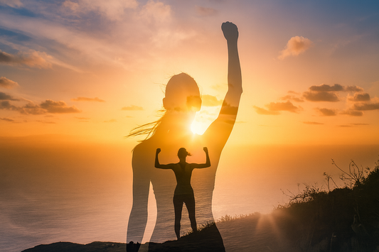 Silhouette d’une femme au poing levé se fondant dans un coucher de soleil, symbole de force et de victoire.