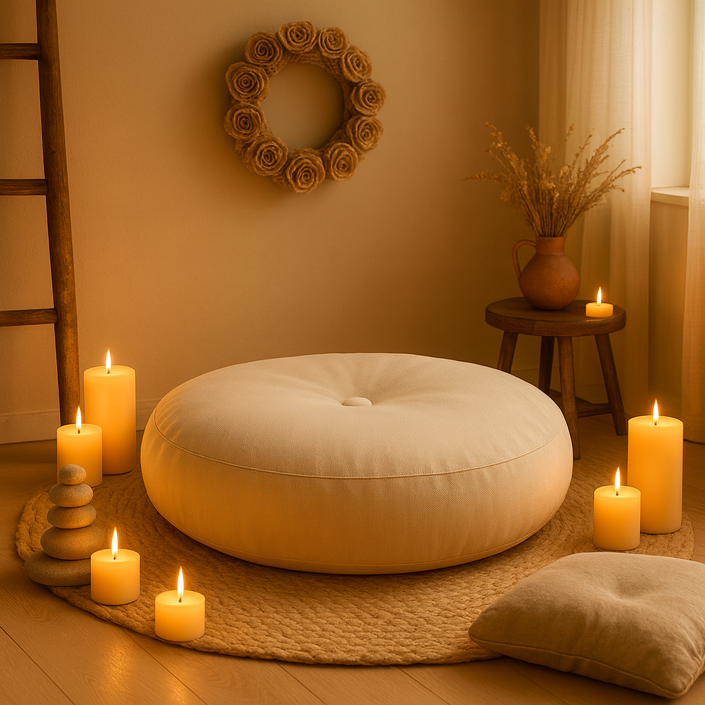 Coussin de méditation rond beige posé sur un tapis en fibres naturelles, entouré de bougies allumées créant une atmosphère chaleureuse et relaxante. Décor épuré avec échelle en bois, couronne murale en fleurs séchées et vase rustique sur tabouret, parfait pour une ambiance bien-être.