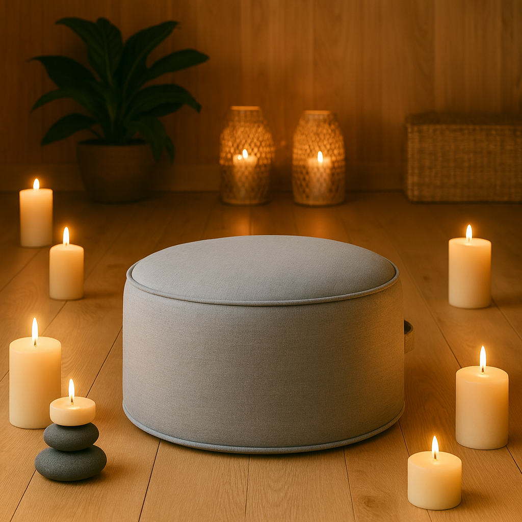 Coussin de méditation rond posé sur un sol en bois, entouré de bougies allumées et de plantes, créant une atmosphère chaleureuse et apaisante.