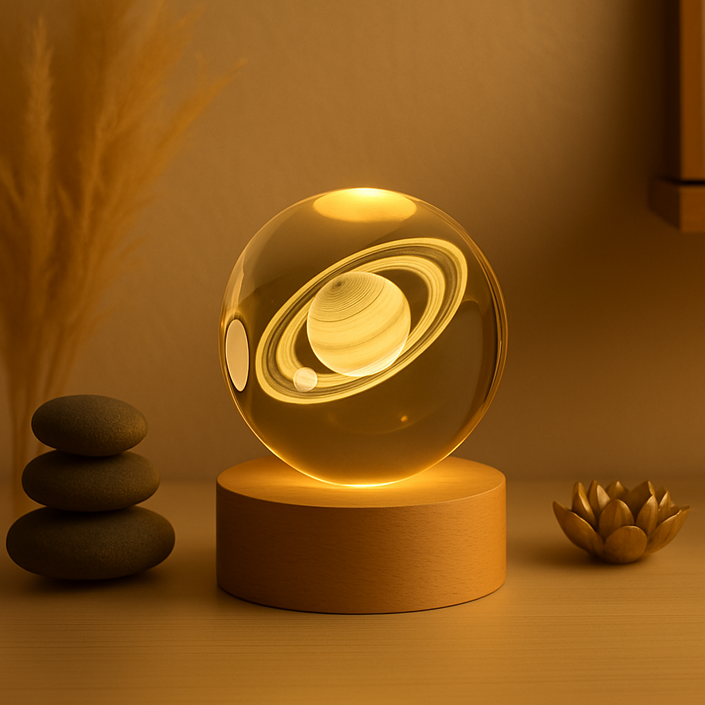 Sphère en verre gravée représentant la planète Saturne et ses anneaux, posée sur un socle en bois éclairé, avec des galets décoratifs et une petite sculpture en forme de fleur