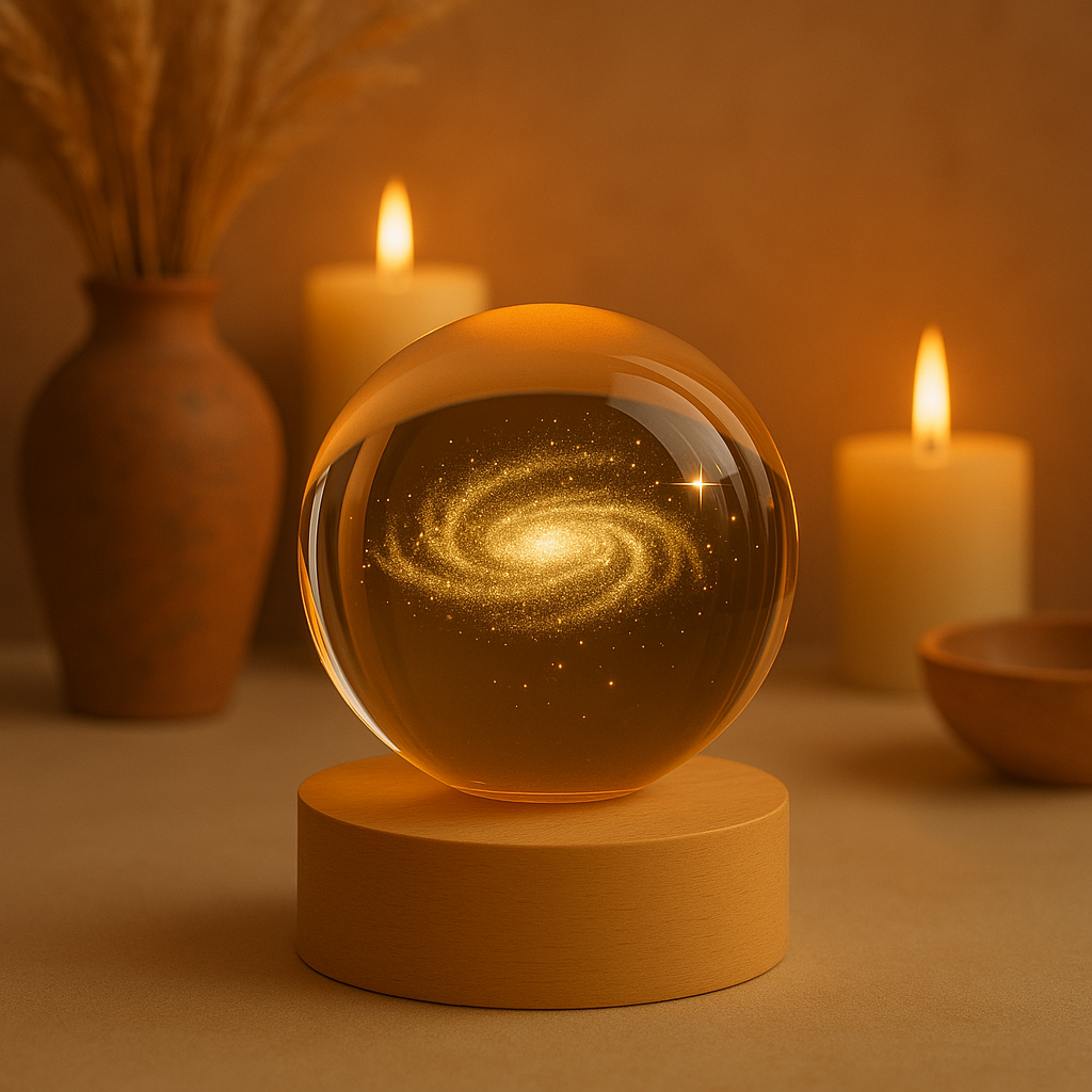 Sphère en verre gravée représentant une galaxie, éclairée depuis son socle en bois, posée sur une surface aux tons chauds avec des bougies et un vase en arrière-plan, créant une ambiance douce et propice à la contemplation.