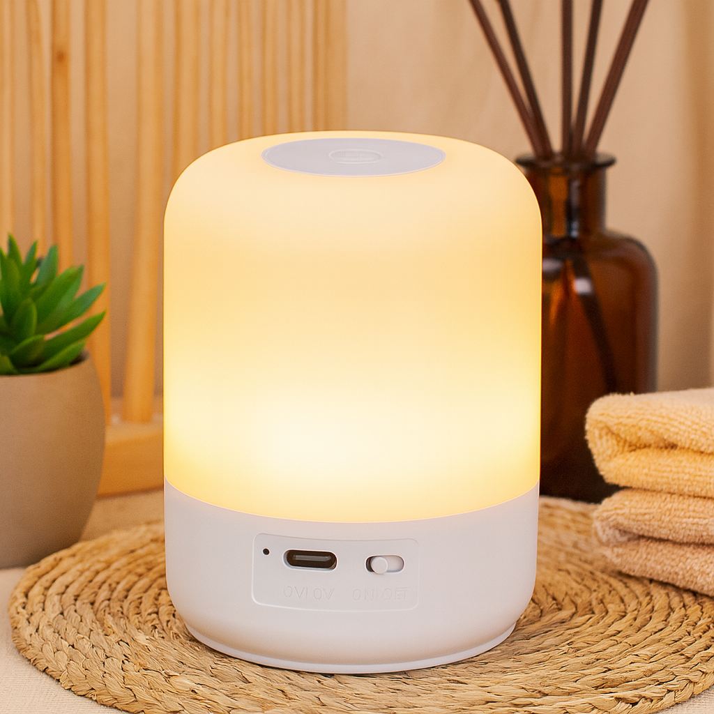 Lampe d’ambiance LED blanche posée sur un set de table en fibres naturelles, allumée avec une lumière chaude, à côté d’une plante verte, de serviettes et d’un diffuseur