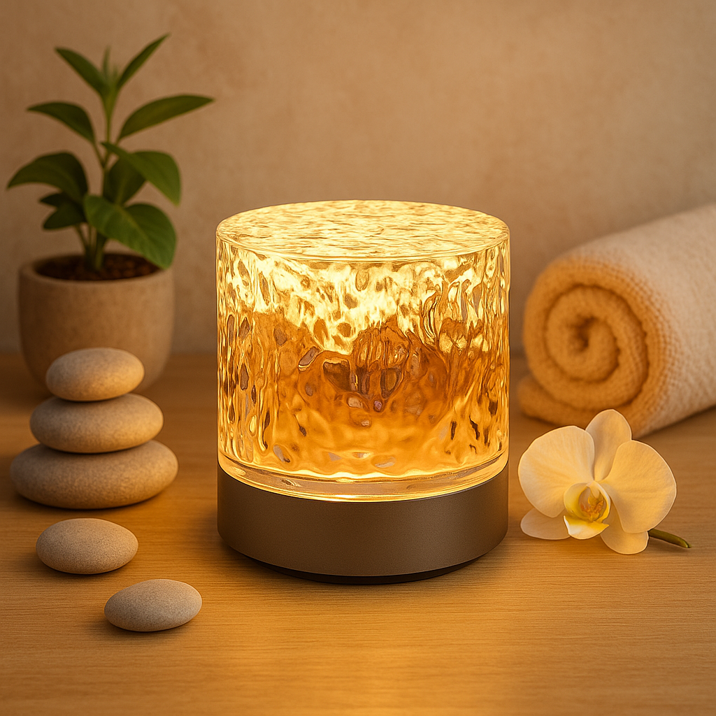 Lampe LED effet cristallin diffusant une lumière douce et chaleureuse, posée sur une table de style zen avec galets, orchidée et serviette roulée.