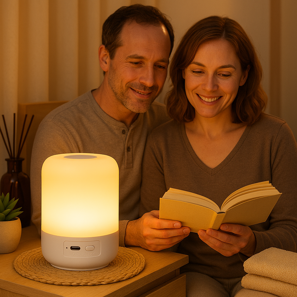 Couple assis côte à côte lisant un livre, éclairé par une lampe cylindrique diffusant une lumière chaude, posée sur une table de nuit avec une déco minimaliste, idéale pour des instants calmes et confortables.
