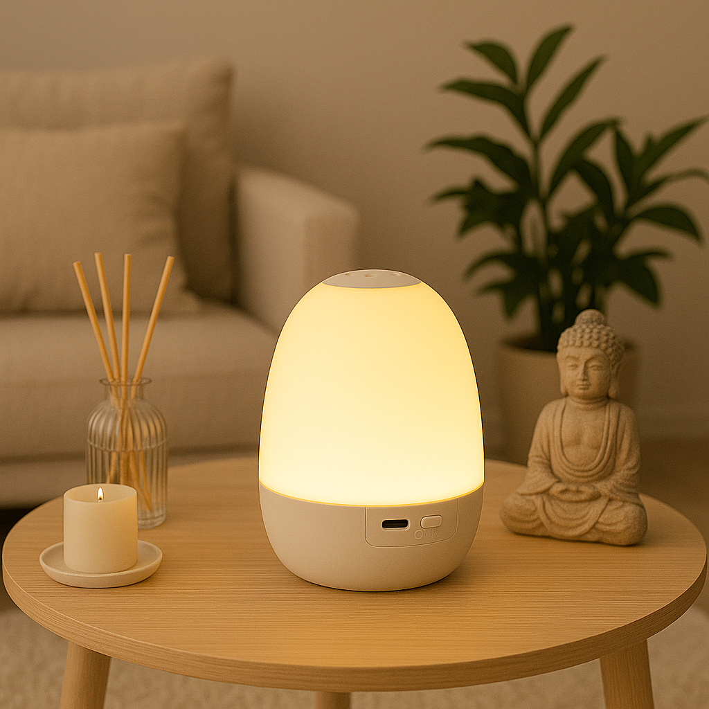 Lampe ovoïde diffusant une lumière douce, posée sur une table en bois avec une bougie, un diffuseur de parfum et une statuette de Bouddha, créant un espace propice à la méditation et à la relaxation.