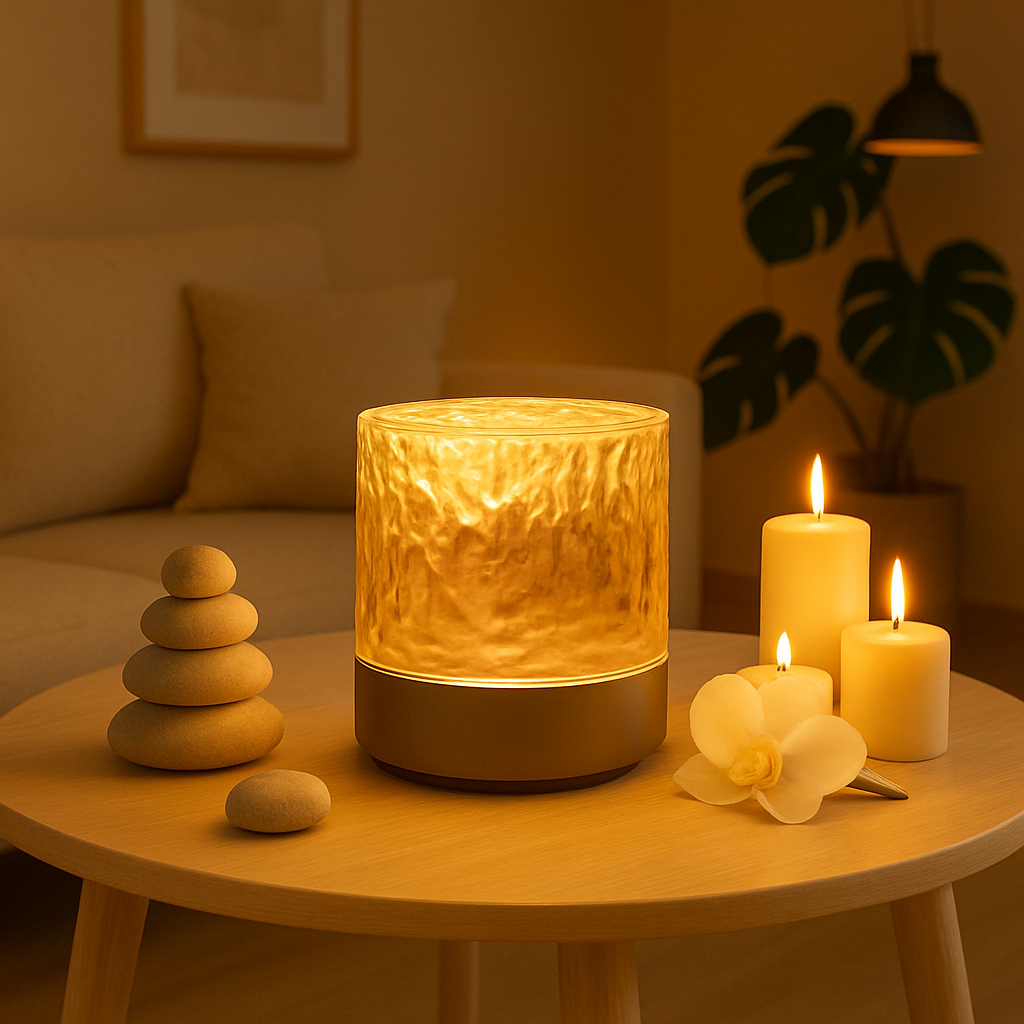 Lampe cylindrique au design texturé diffusant une lumière dorée, posée sur une table en bois avec des galets empilés, trois bougies allumées et une fleur blanche, créant une atmosphère douce et relaxante
