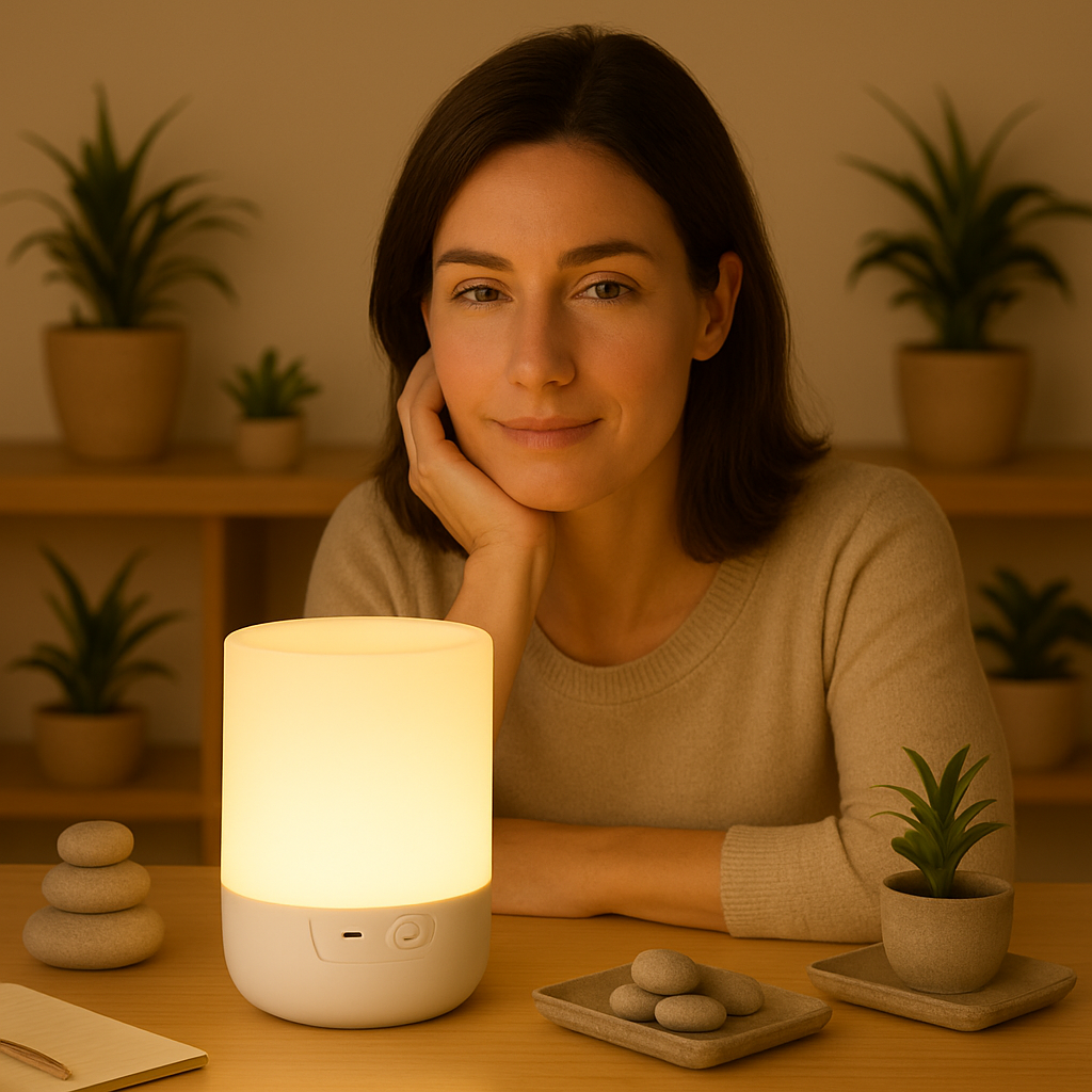 Femme assise à une table en bois, éclairée par une lampe cylindrique diffusant une lumière chaude, entourée de petites plantes et de galets décoratifs