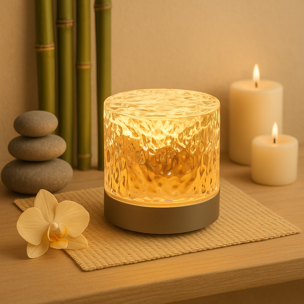 Lampe LED effet cristallin diffusant une lumière apaisante, posée sur un tapis tressé avec orchidée, galets, bougies et bambou en arrière-plan.