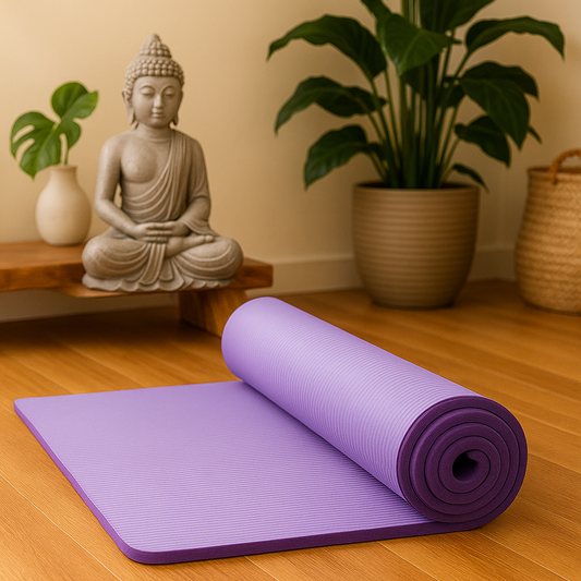 Tapis de yoga violet 10 mm déroulé dans un espace méditatif avec statue de Bouddha
