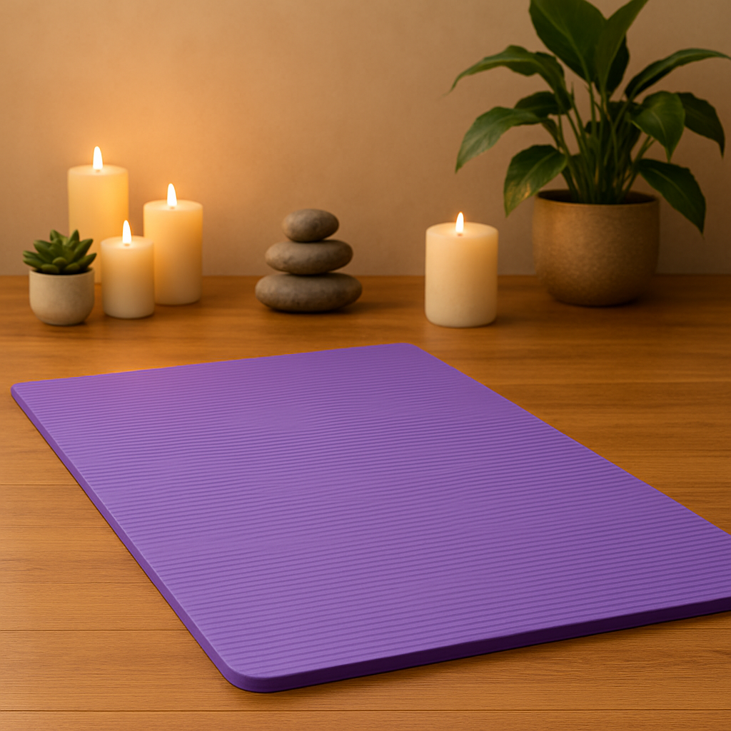 Tapis de yoga violet 10 mm totalement déroulé dans un décor zen avec des bougies, des plantes et des pierres