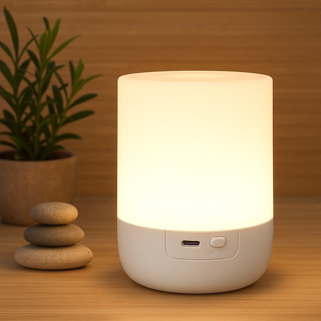 Lampe cylindrique au style minimaliste diffusant une lumière douce et chaleureuse, posée sur une surface en bois, avec une petite plante et des galets en arrière-plan pour une atmosphère zen et apaisante.