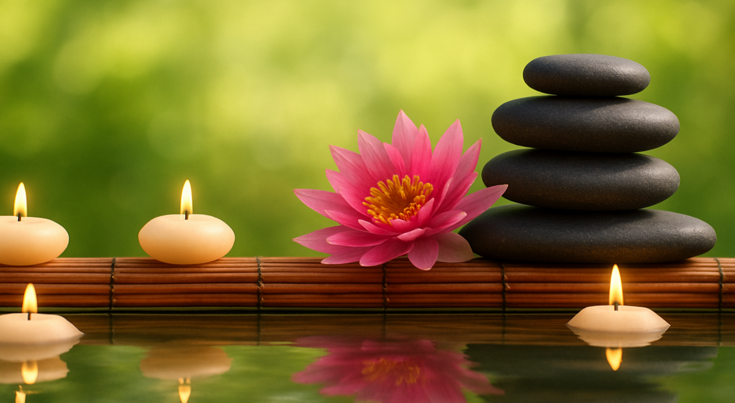 Bougies flottantes, fleur de lotus rose et galets noirs empilés sur un tapis de bambou, reflet dans l’eau

