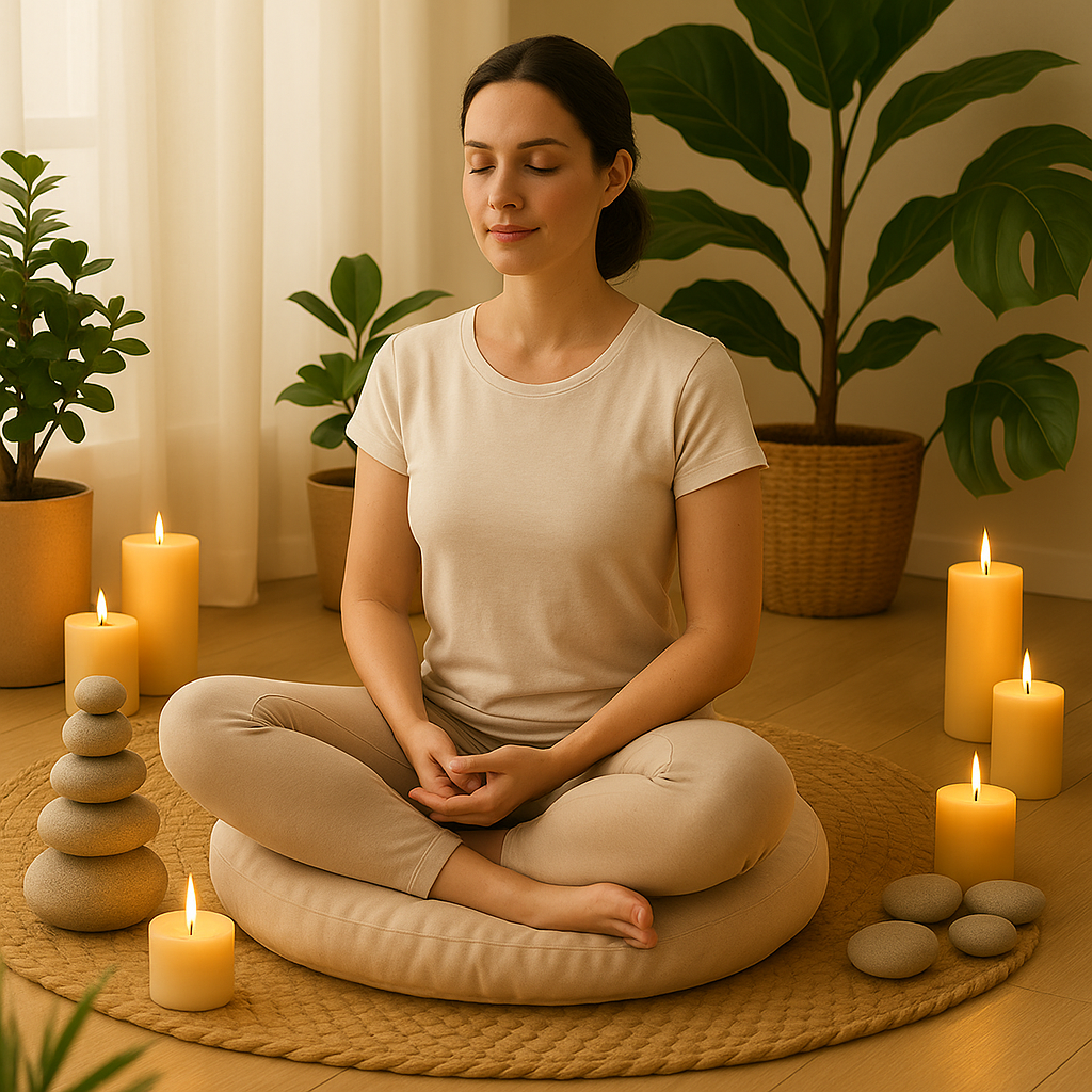une femme est assise sur un coussin de meditation entourée de bougies, de pierres et de plantes