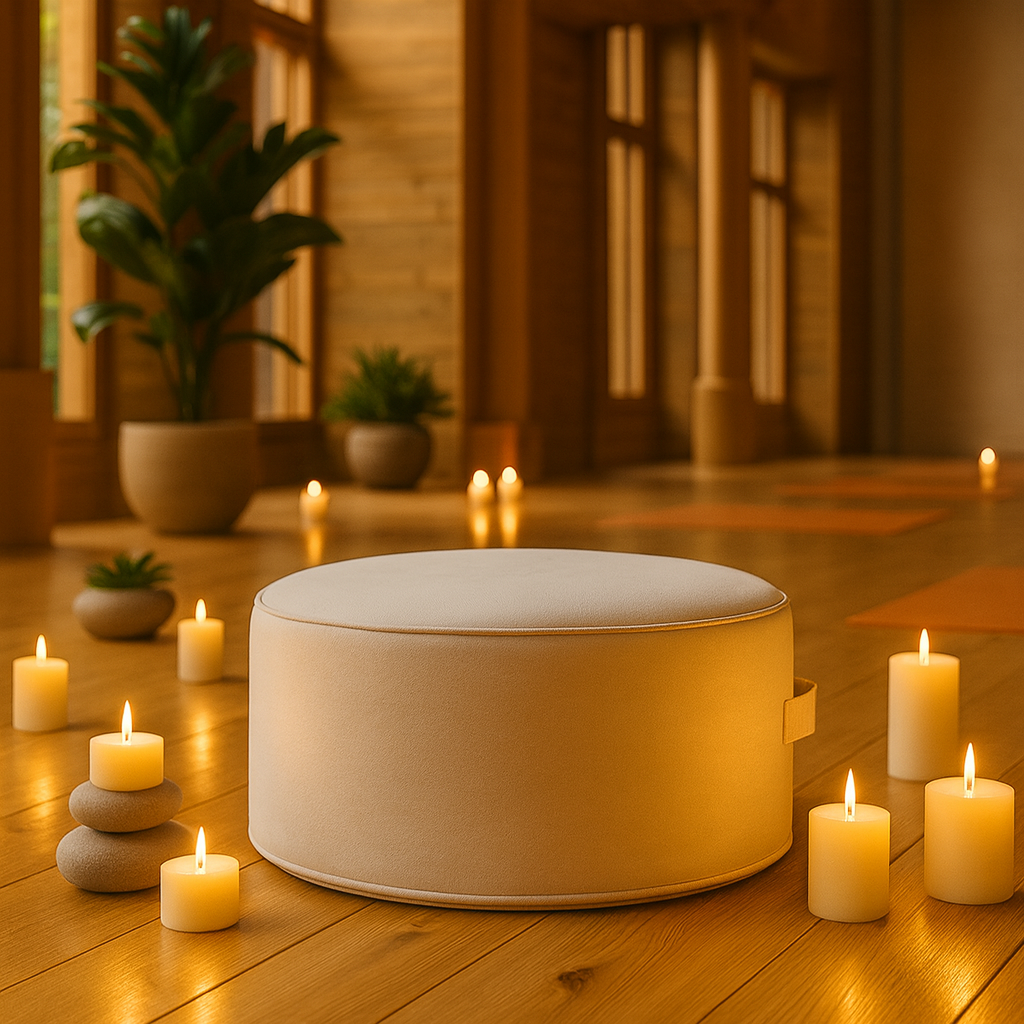 un coussin de meditation est posé sur un plancher en bois, il est entourée de bougies, il y aussi des pierres et des plantes