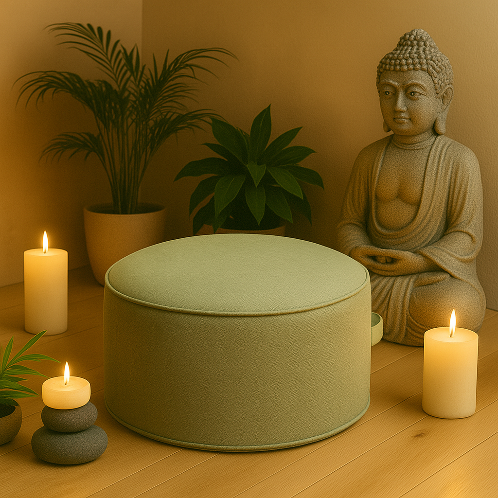 Coussin de méditation vert doux entouré de bougies et de plantes, ambiance relaxante avec statue de Bouddha