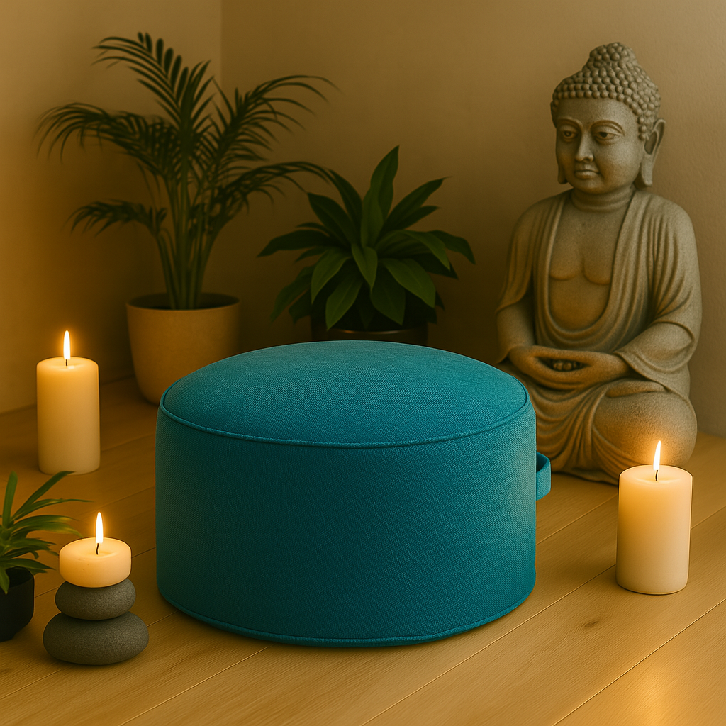 Coussin de méditation bleu dans un espace de détente, avec bougies allumées, plantes et statue de Bouddha
