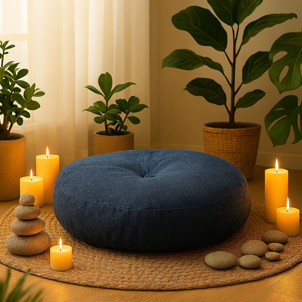 Coussin de méditation bleu ardoise dans un décor apaisant avec bougies, galets et plantes vertes, atmosphère zen