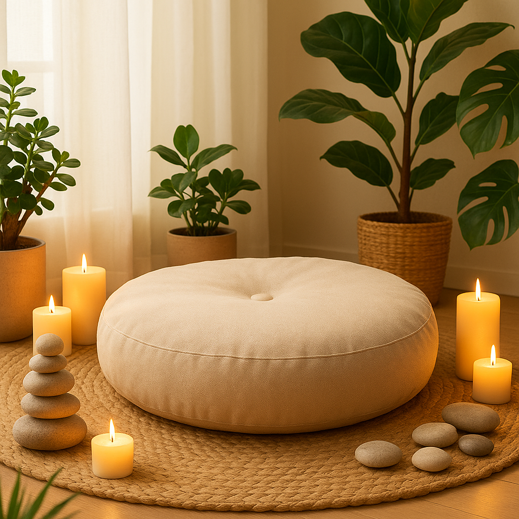 Coussin de méditation creme entouré de bougies allumées, plantes vertes et galets, dans une ambiance inspirante et détendue